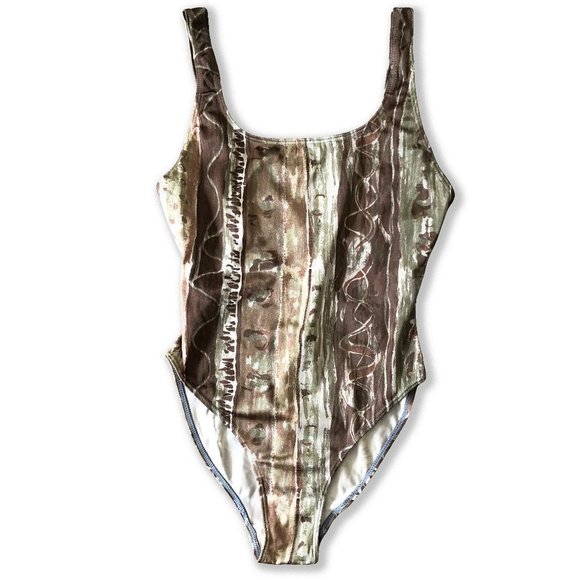 Vintage Other - VINTAGE Brown Green Stripe Print Full Piece Bathing Suit